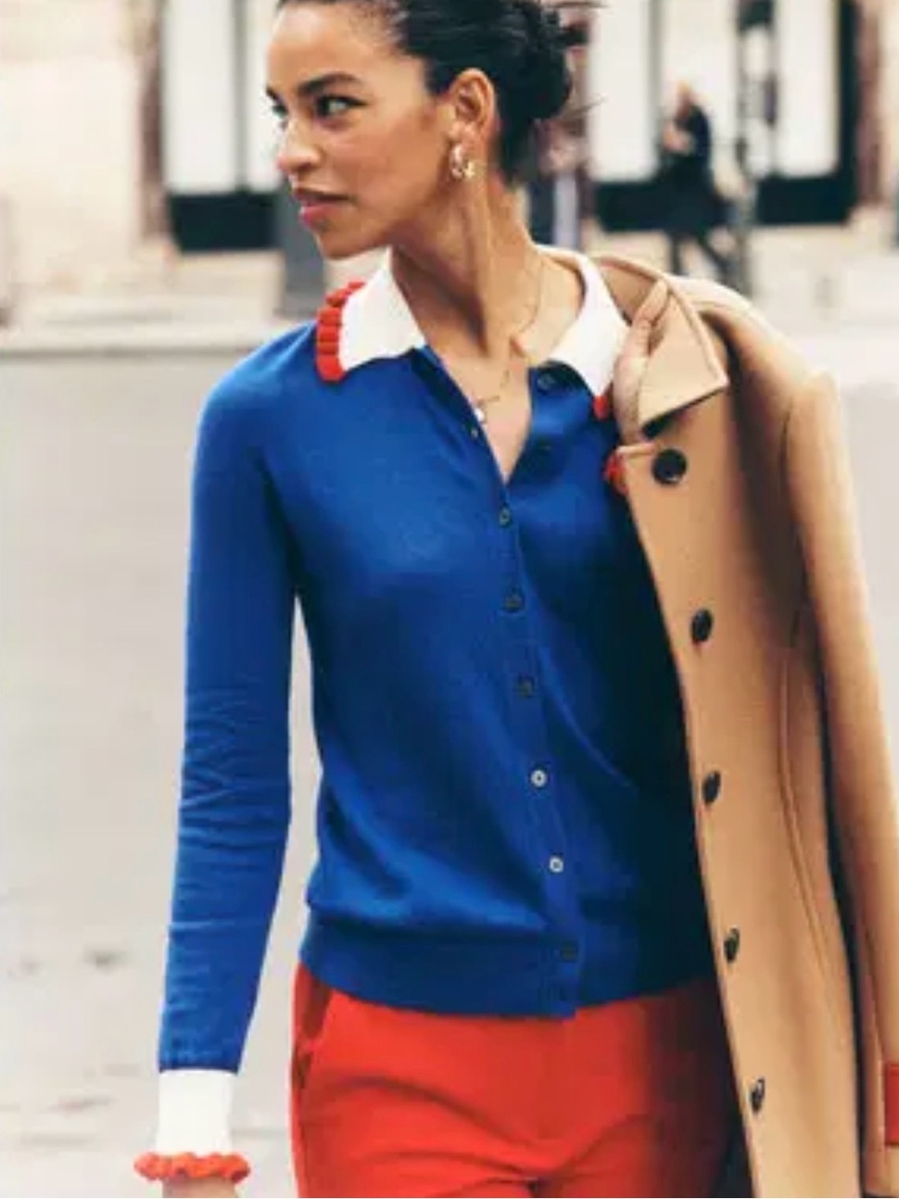 Boden blue cardigan with white collar and red ruffles!!